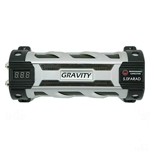 Gravity GR5.0 5 Farad Capacitor Audio UP to 6000 Watts Power 12V Car Digital Power with Digital Blue Voltage Display Chrome Plated Battery Post Lightning LED