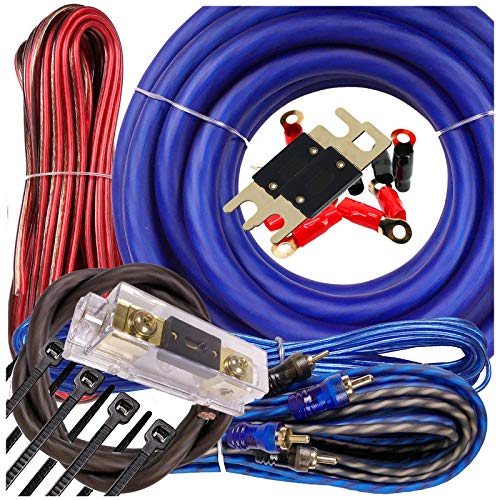 Gravity Warzone 1/0 Gauge Power Amp Kit Up to 5000 Watts Premium Elite Pro Flexible RCA Speakers Wires, 250A + 300A Fuse Included, Complete Blue DIY Hobbyist AWG Amplifier Installation Wiring