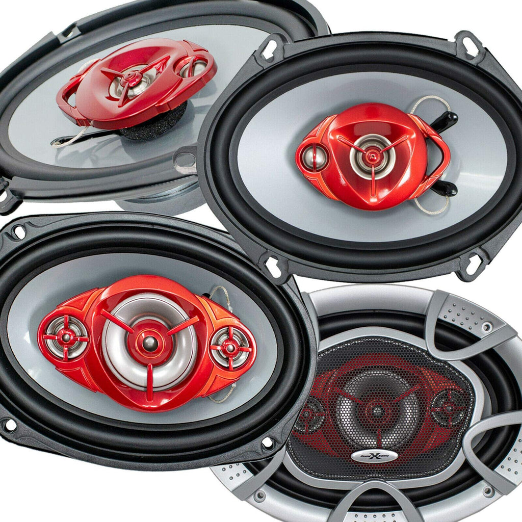 Xtremevision 2X Soundxtreme ST-680 5"x7" / 6x8 in 3-Way 350 Watts Coaxial Car Speakers 4-Ohm and 2X Soundxtreme ST-694 6"x9" 4-Way 520 Watts PEI Dome Tweeter Coaxial Car Audio Speakers